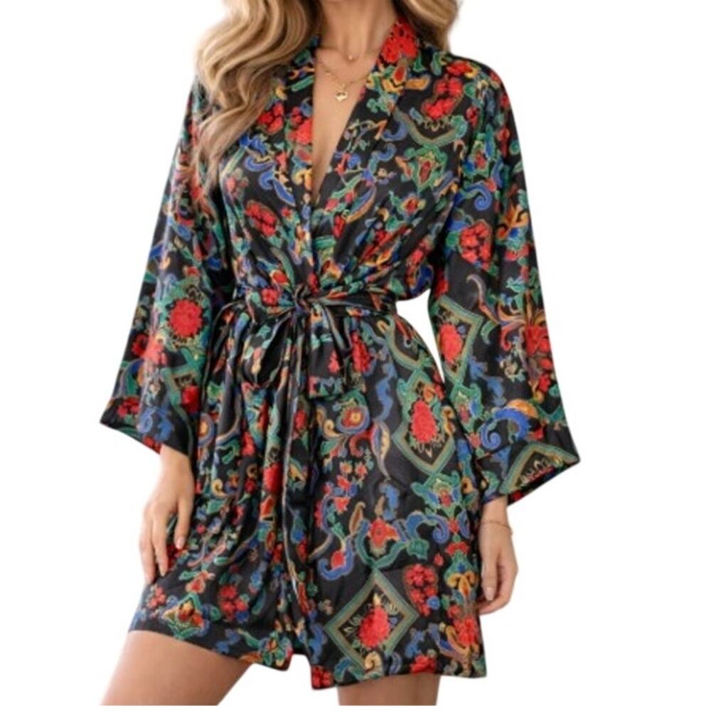 Vintage 90s Victorias Secret Gold Label Robe‎ Womens S Black Satin Floral Kimono